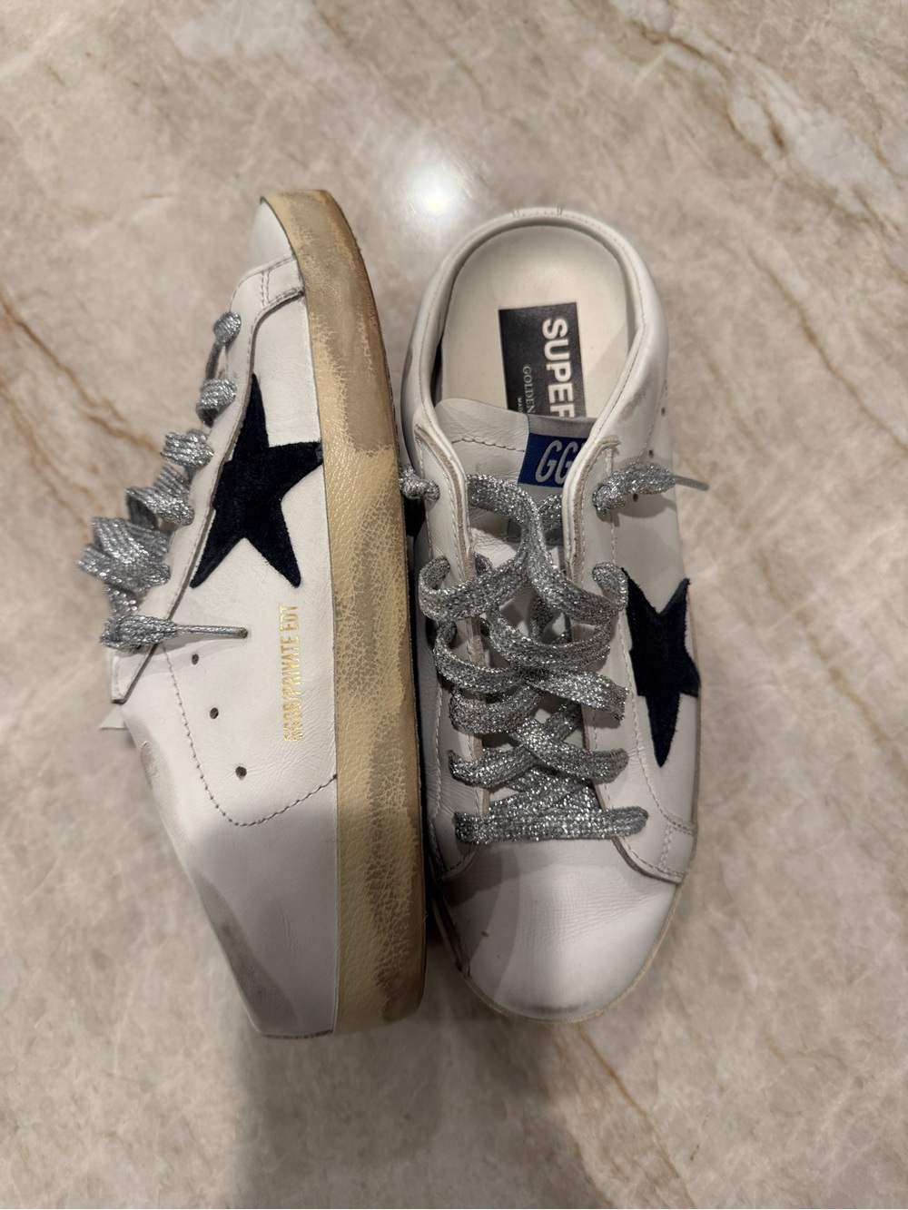 Golden Goose White Mule Sneakers with Navy Star and Silver Laces